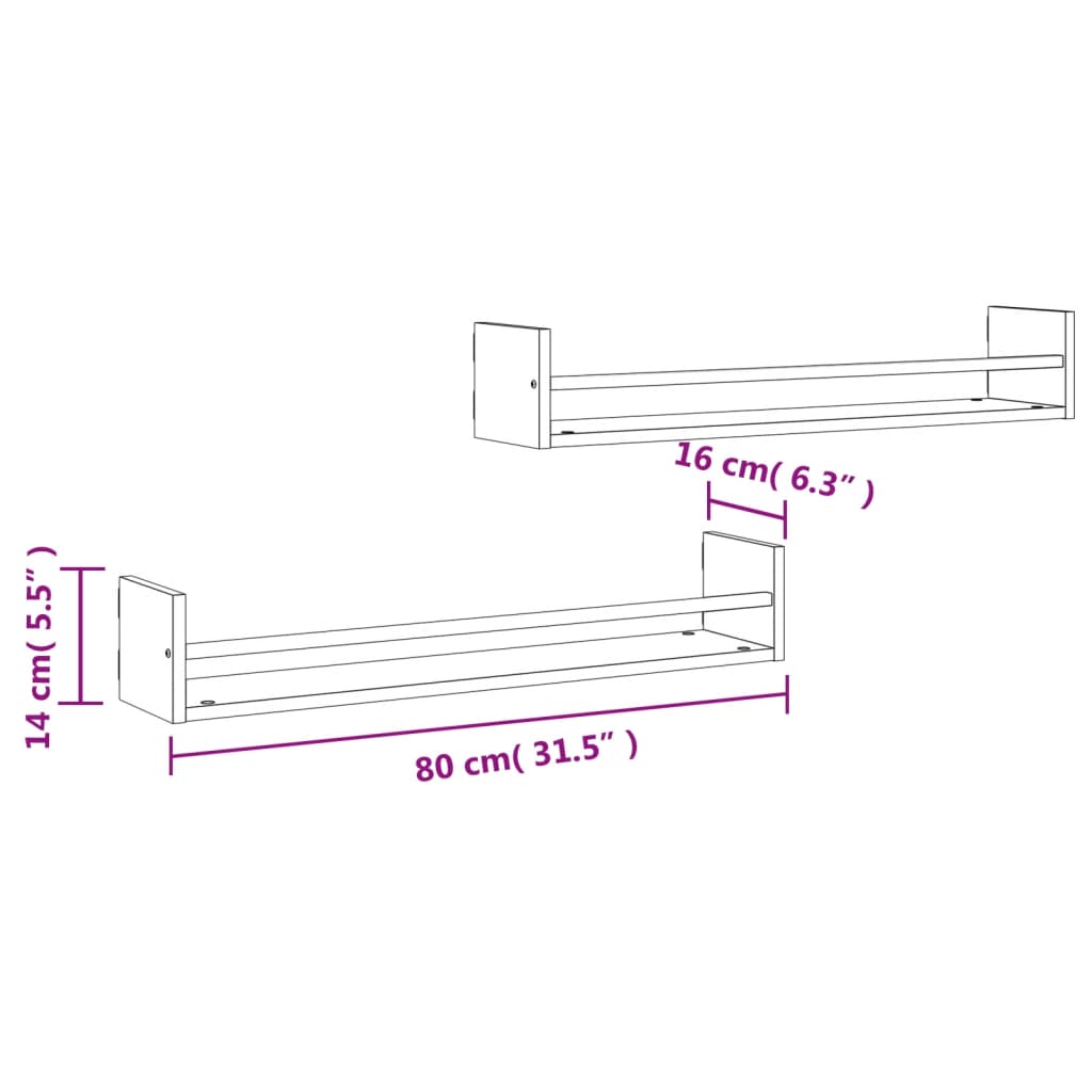 Wandschappen met stangen 2 st 80x16x14 cm zwart