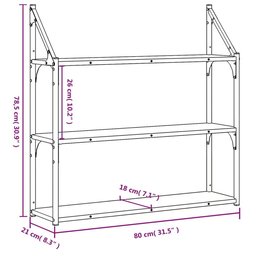 Wandrek 3-laags 80x21x78,5 cm bewerkt hout zwart