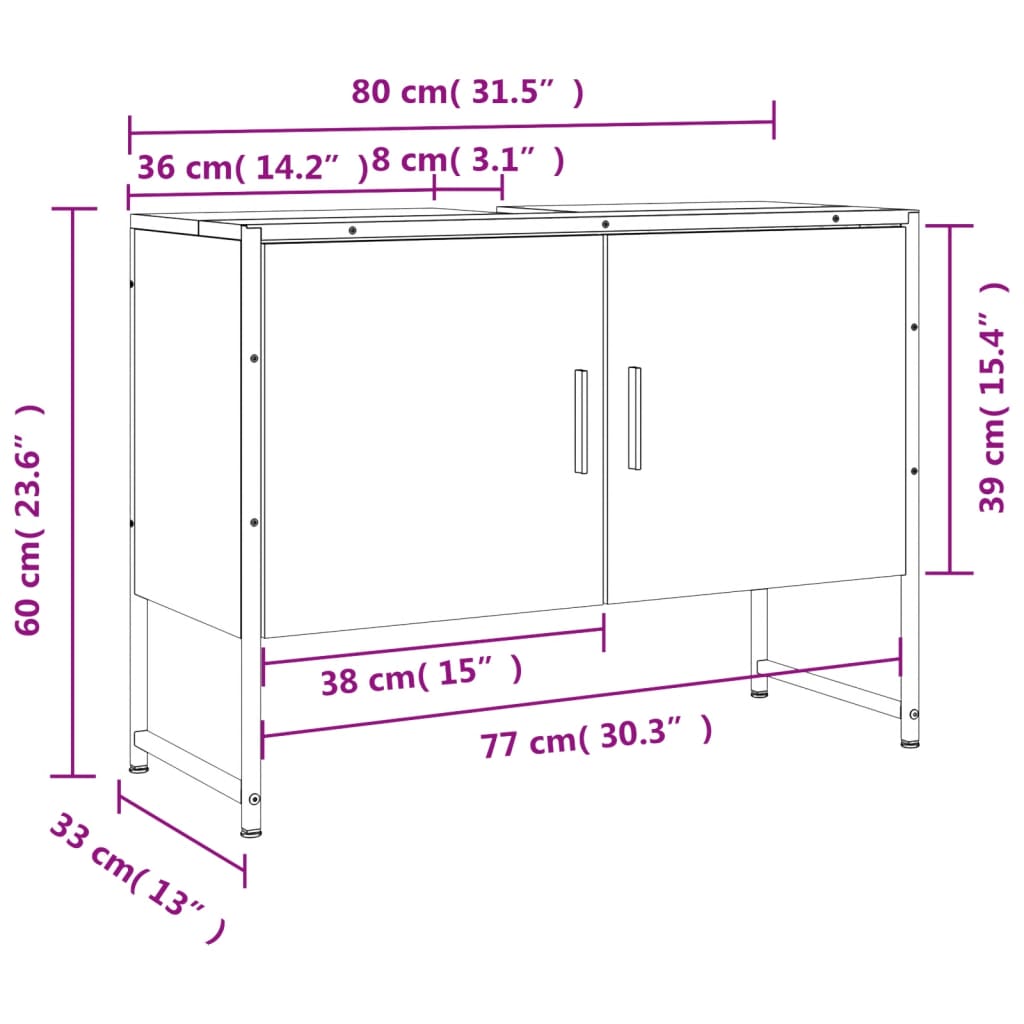 Wastafelkast 80x33x60 cm bewerkt hout gerookt eikenkleurig