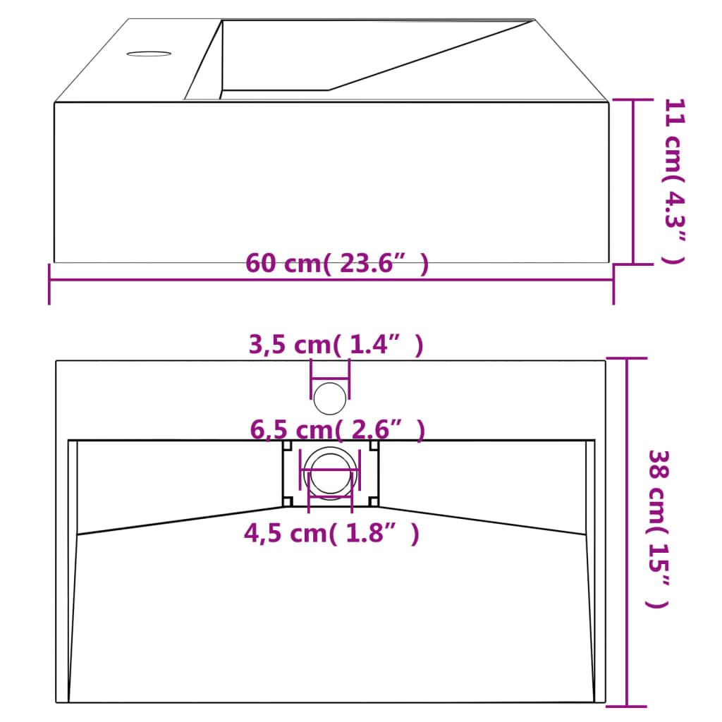 Wastafel 60x38x11 cm mineraal gegoten/marmer gegoten antraciet