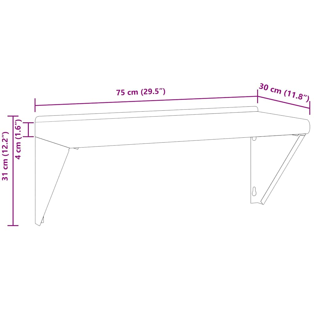 Wandschap 75x30x31 cm roestvrijstaal zilverkleurig