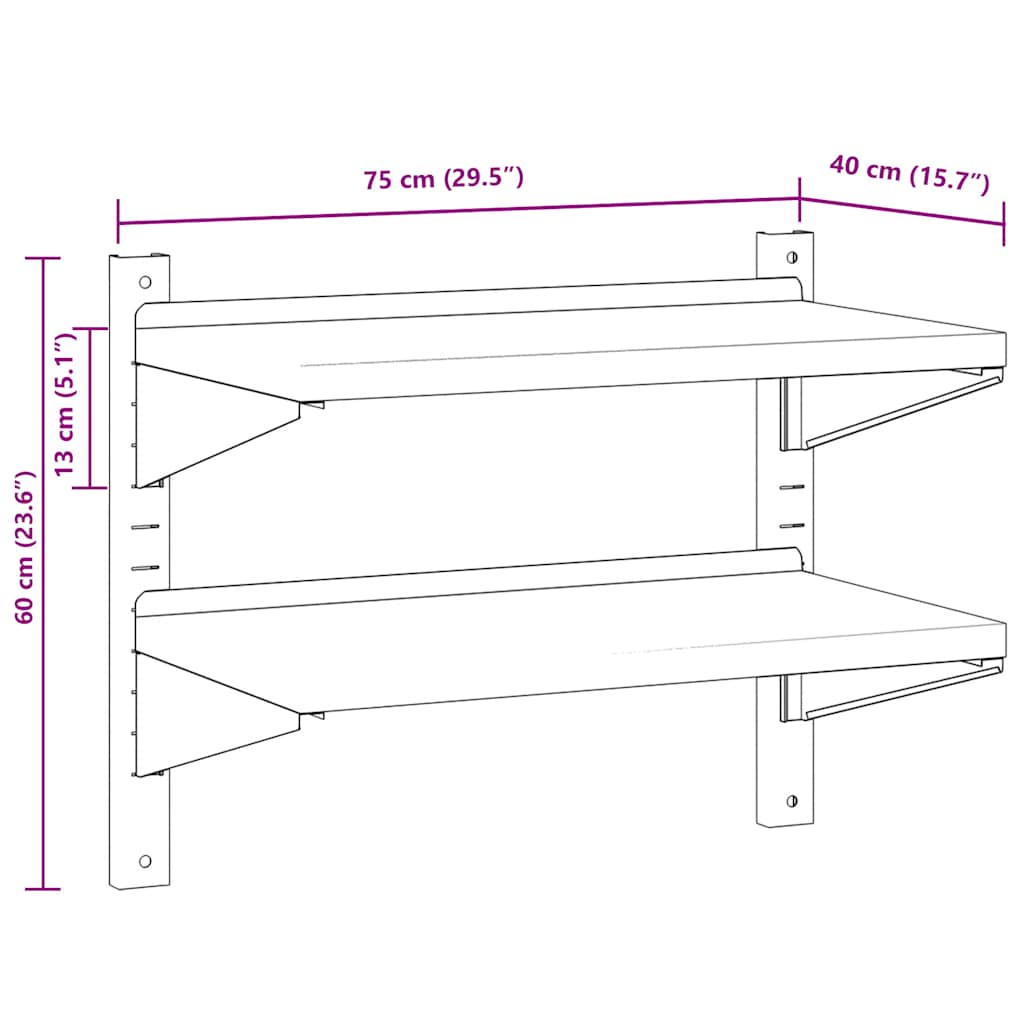 Wandschap 2-laags 75x40x60 cm roestvrijstaal zilverkleurig