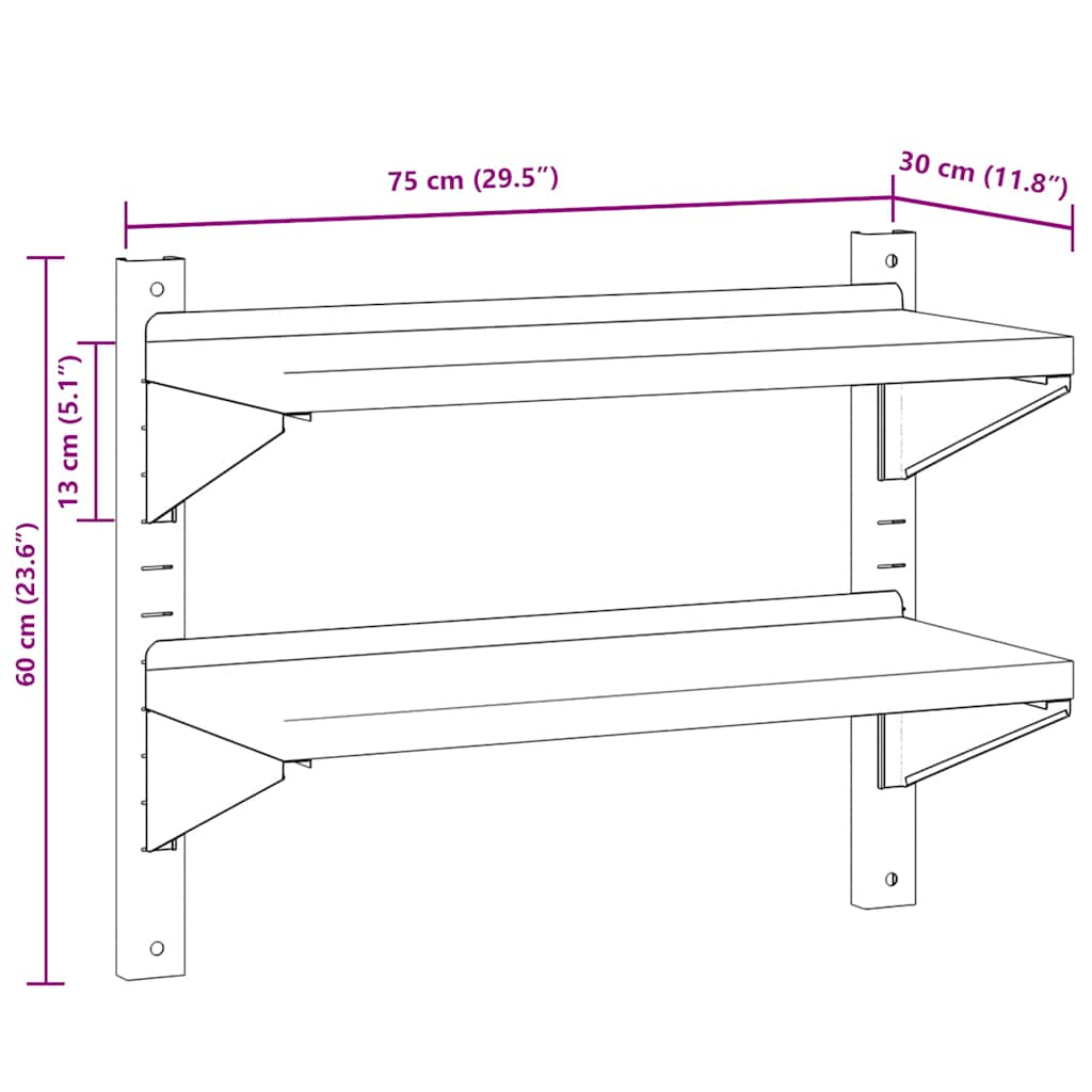 Wandschap 2-laags 75x30x60 cm roestvrijstaal zilverkleurig