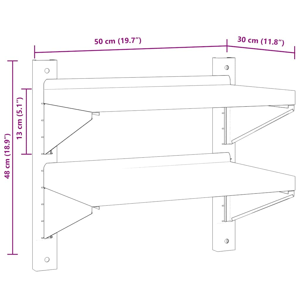 Wandschap 2-laags 50x30x48 cm roestvrijstaal zilverkleurig