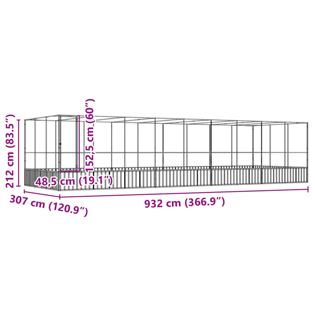 Volière met verlengstuk 932x307x212 m staal zilverkleurig