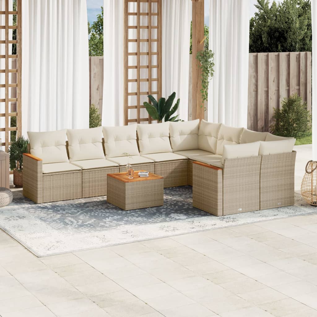 10-delige Loungeset met kussens poly rattan beige