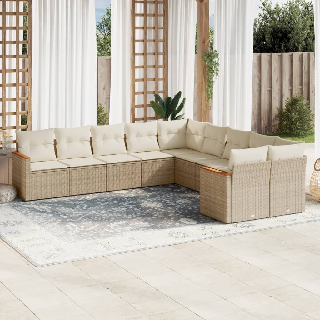 10-delige Loungeset met kussens poly rattan beige