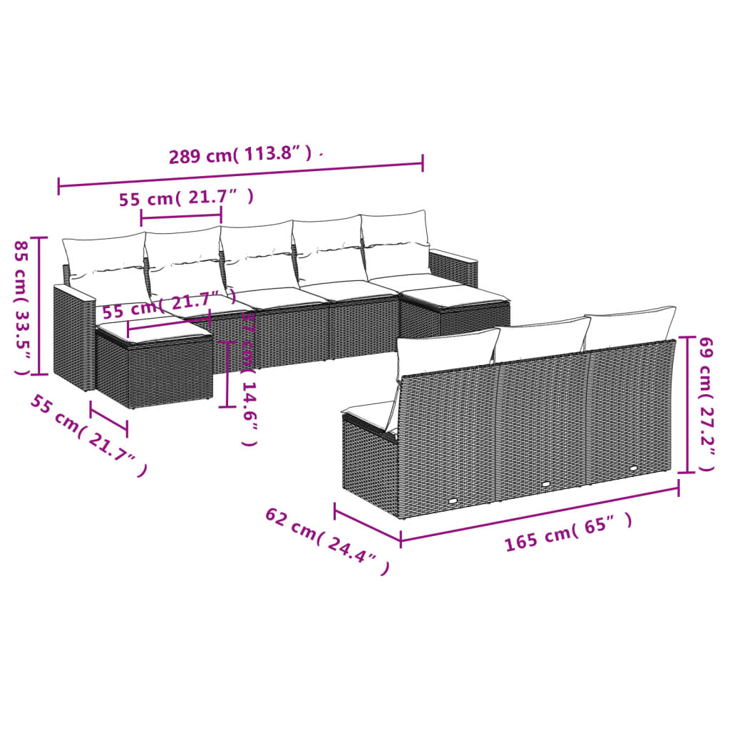 10-delige Loungeset met kussens poly rattan beige