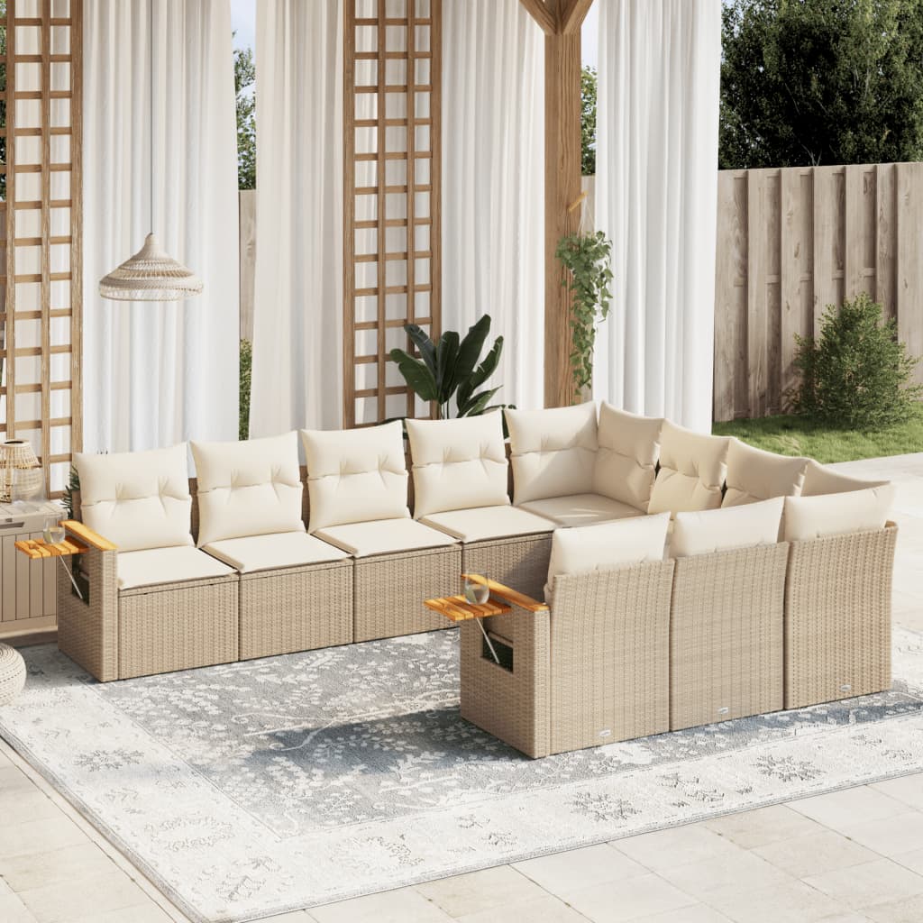 10-delige Loungeset met kussens poly rattan beige