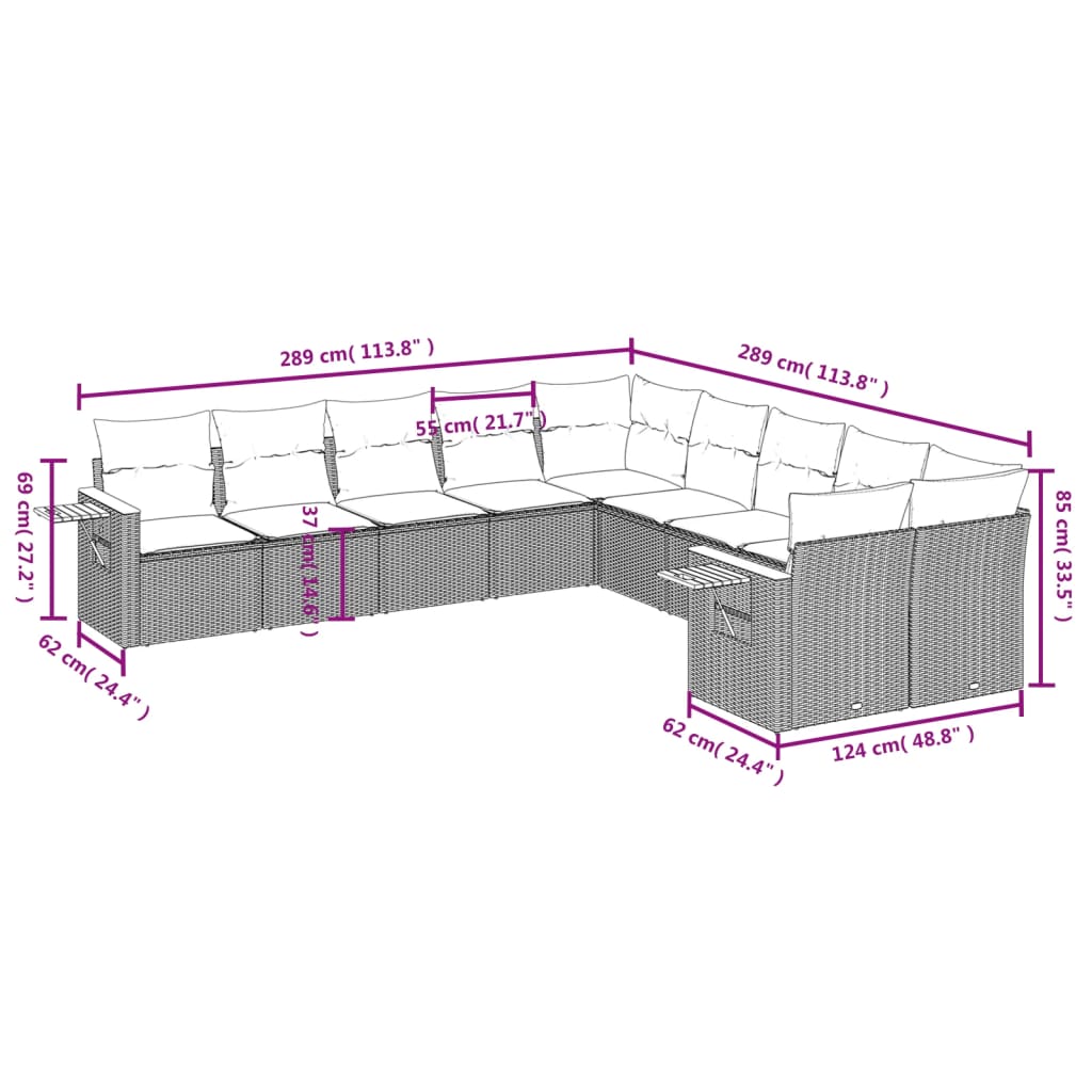 10-delige Loungeset met kussens poly rattan beige