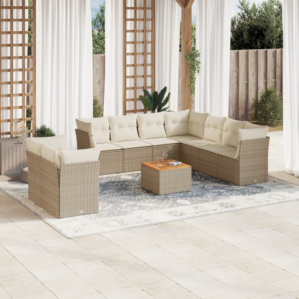 10-delige Loungeset met kussens poly rattan beige