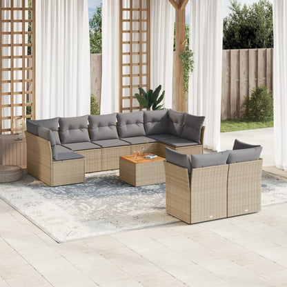 10-delige Loungeset met kussens poly rattan beige