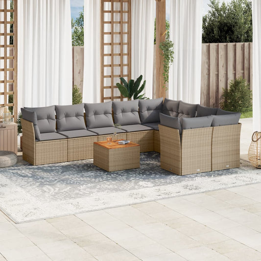 10-delige Loungeset met kussens poly rattan beige