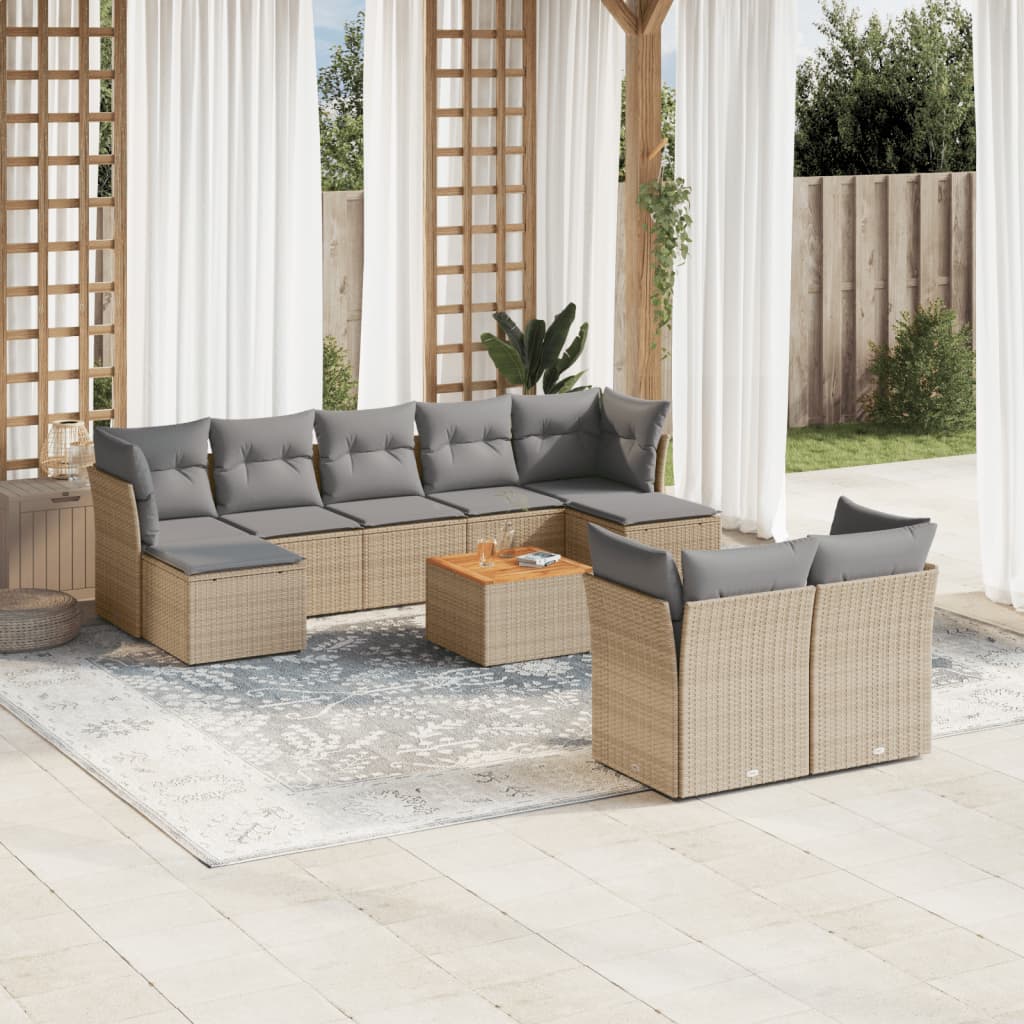 10-delige Loungeset met kussens poly rattan beige