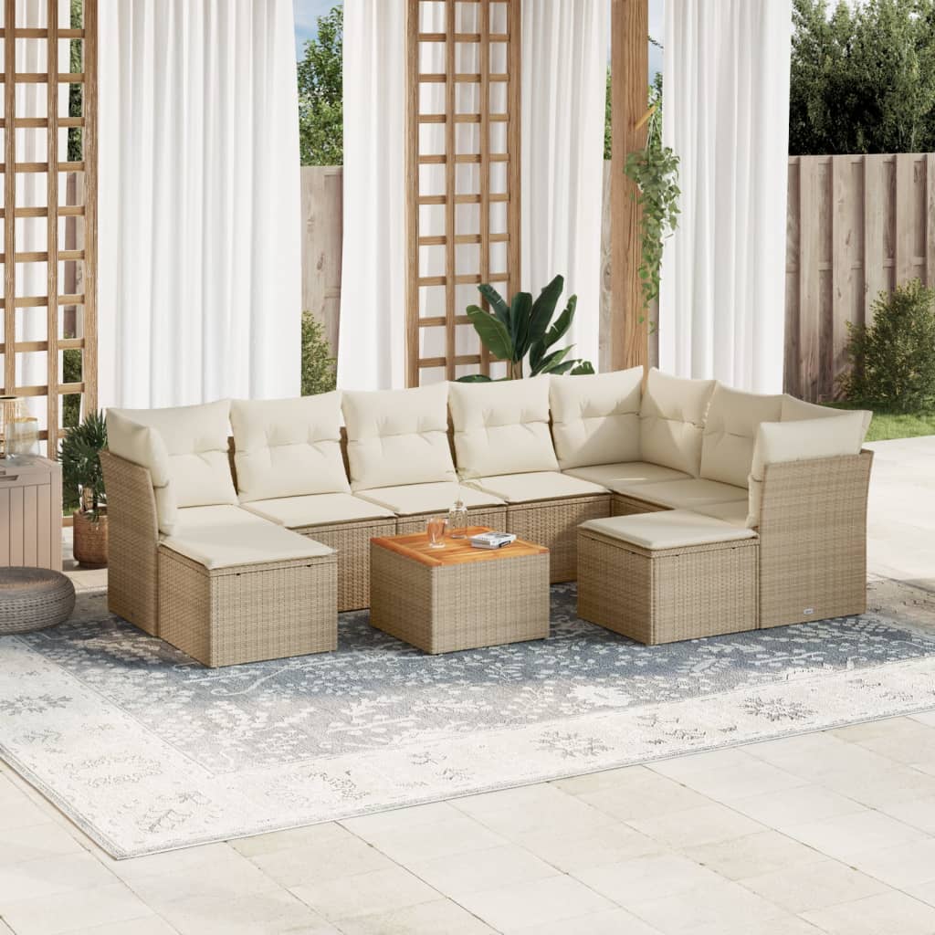 10-delige Loungeset met kussens poly rattan beige