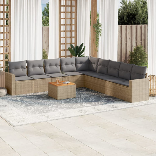 10-delige Loungeset met kussens poly rattan beige