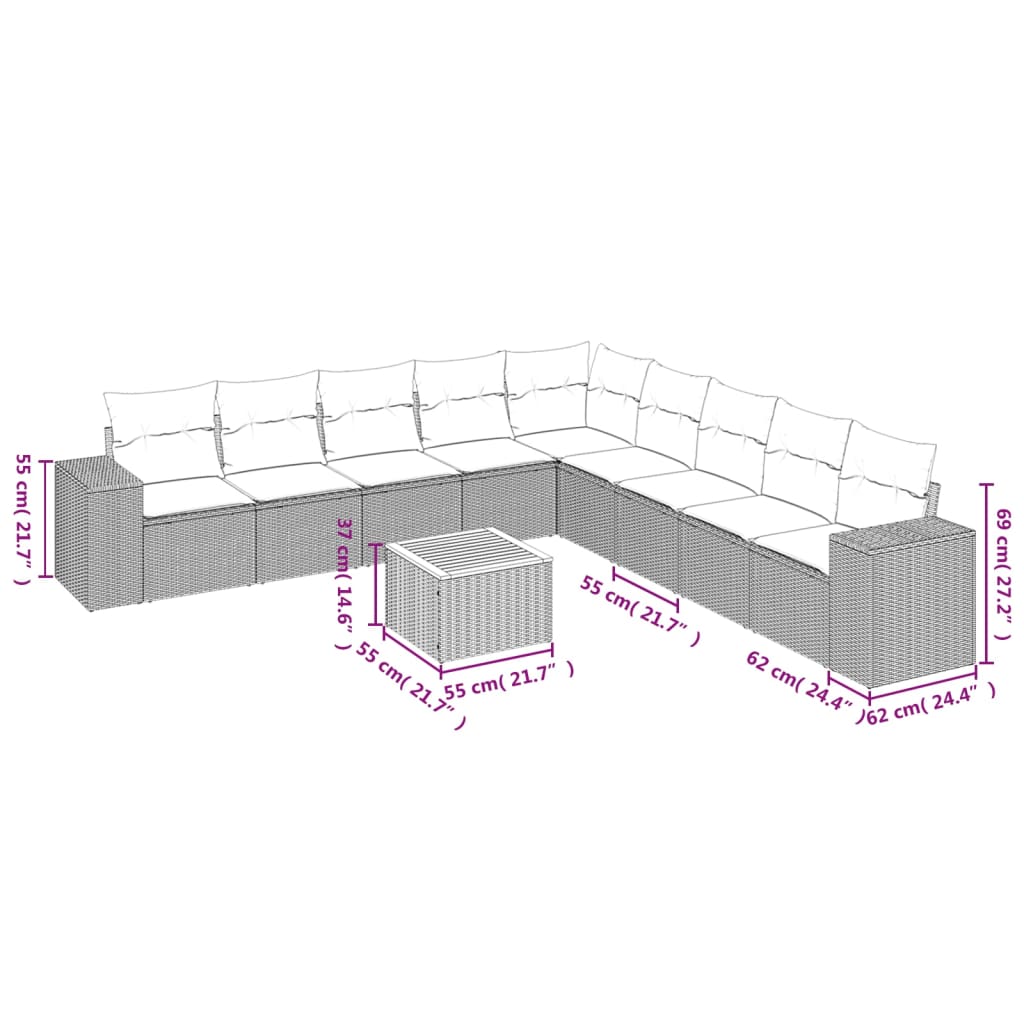 10-delige Loungeset met kussens poly rattan beige