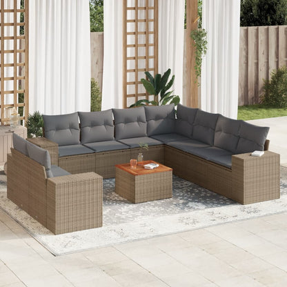 10-delige Loungeset met kussens poly rattan beige