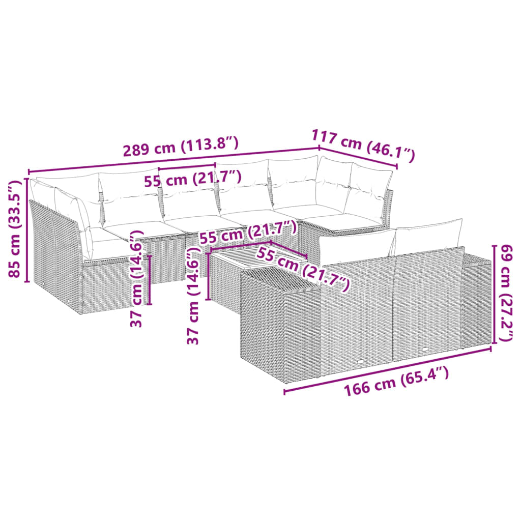 10-delige Loungeset met kussens poly rattan beige