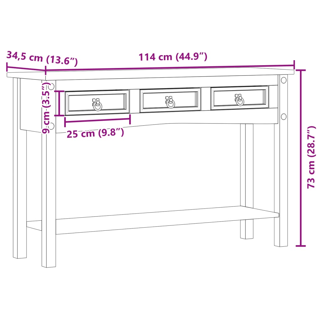 Wandtafel Corona 114x34,5x73 cm massief grenenhout