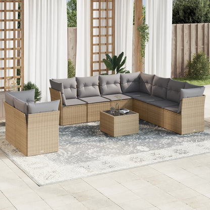 10-delige Loungeset met kussens poly rattan beige