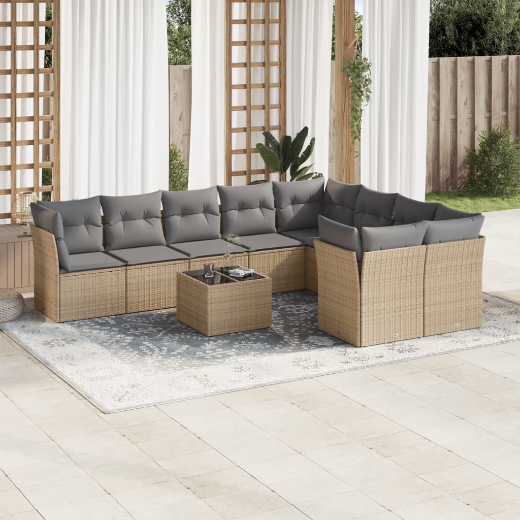 10-delige Loungeset met kussens poly rattan beige