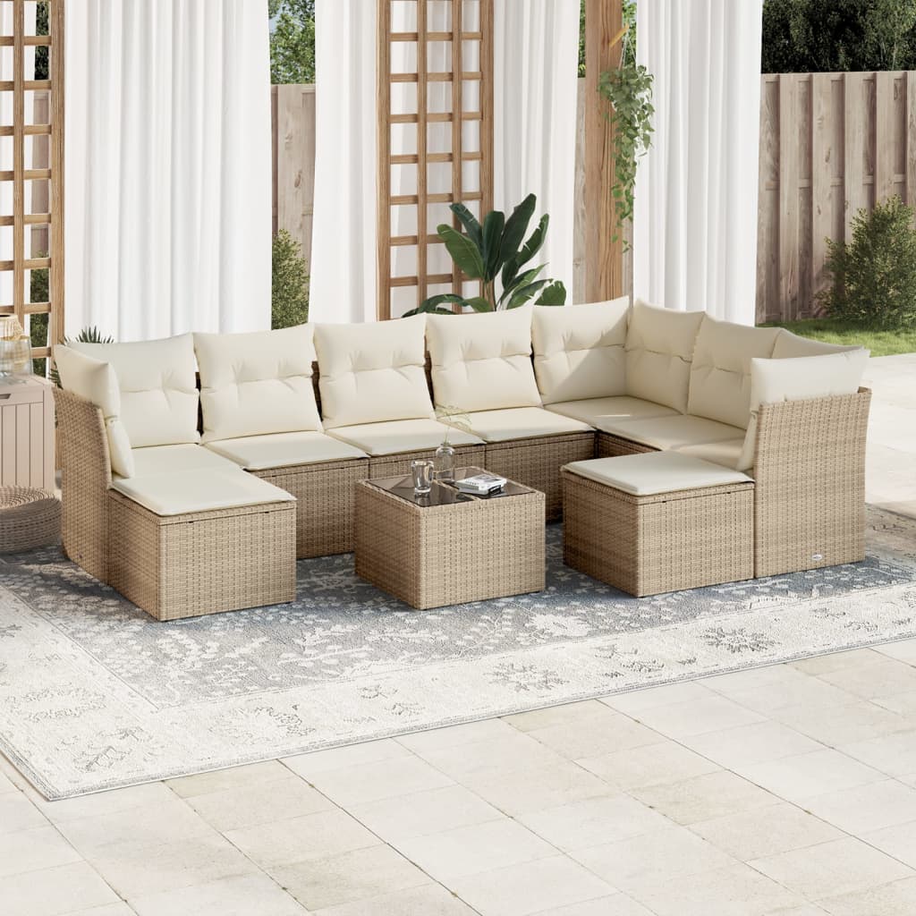 10-delige Loungeset met kussens poly rattan beige