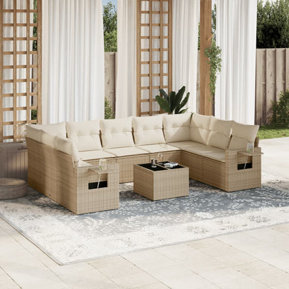 10-delige Loungeset met kussens poly rattan beige