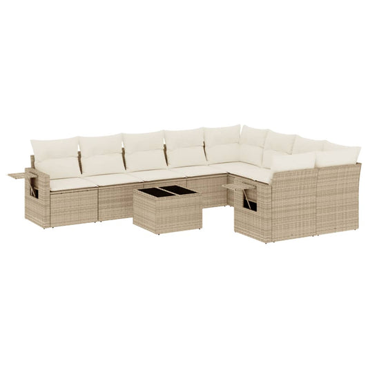 10-delige Loungeset met kussens poly rattan beige