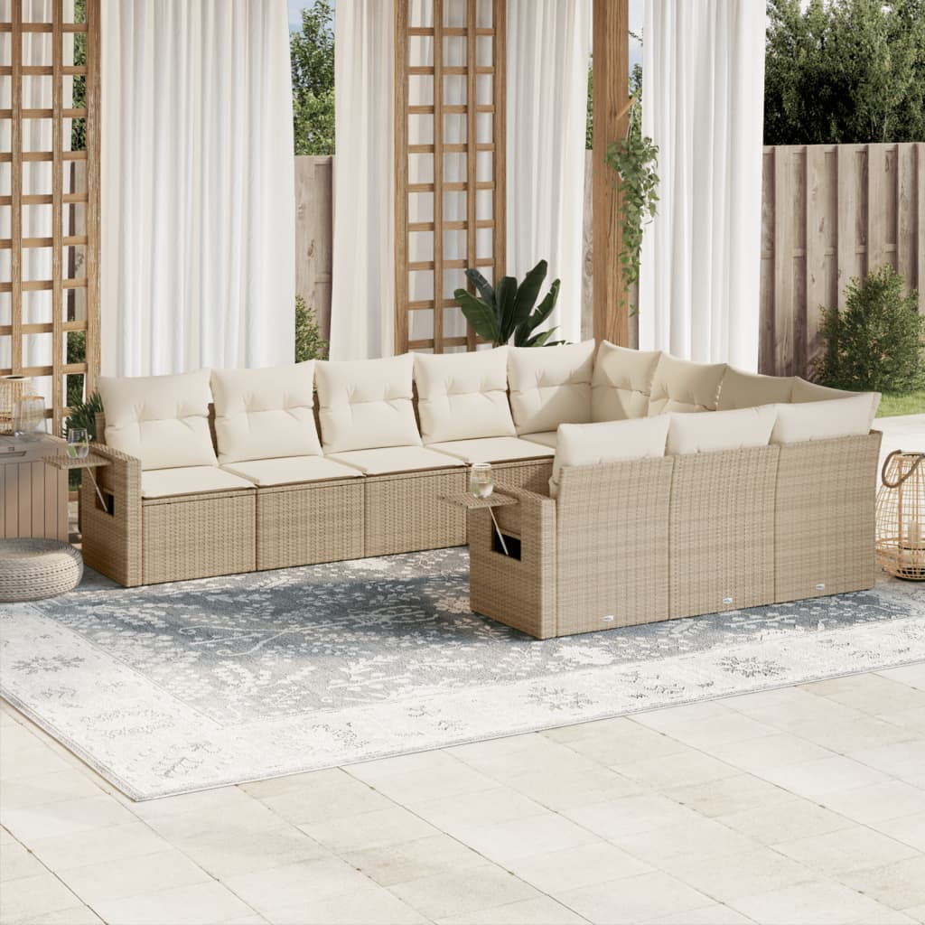 10-delige Loungeset met kussens poly rattan beige