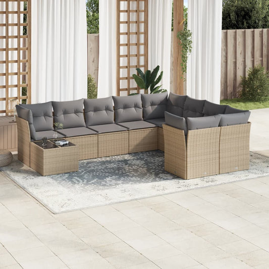 10-delige Loungeset met kussens poly rattan beige