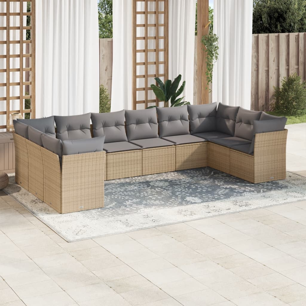 10-delige Loungeset met kussens poly rattan beige