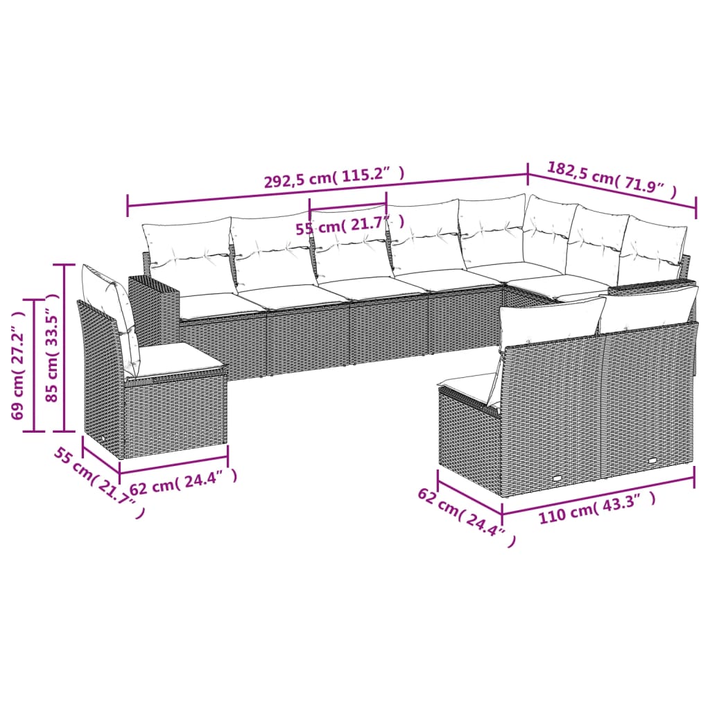 10-delige Loungeset met kussens poly rattan beige