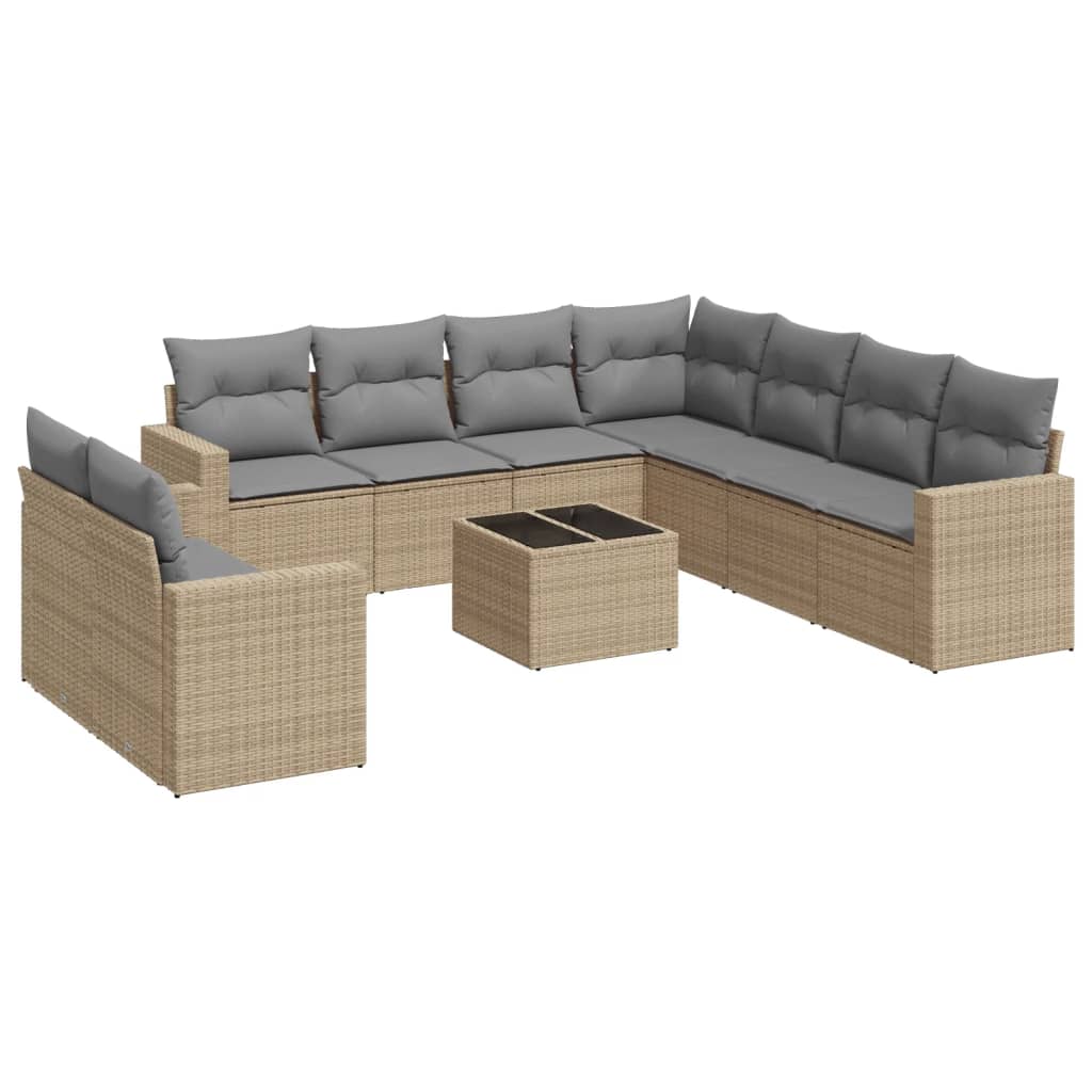 10-delige Loungeset met kussens poly rattan beige