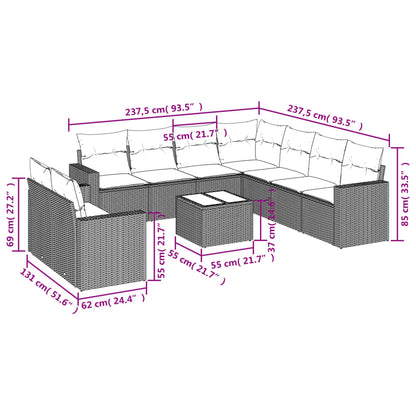 10-delige Loungeset met kussens poly rattan beige