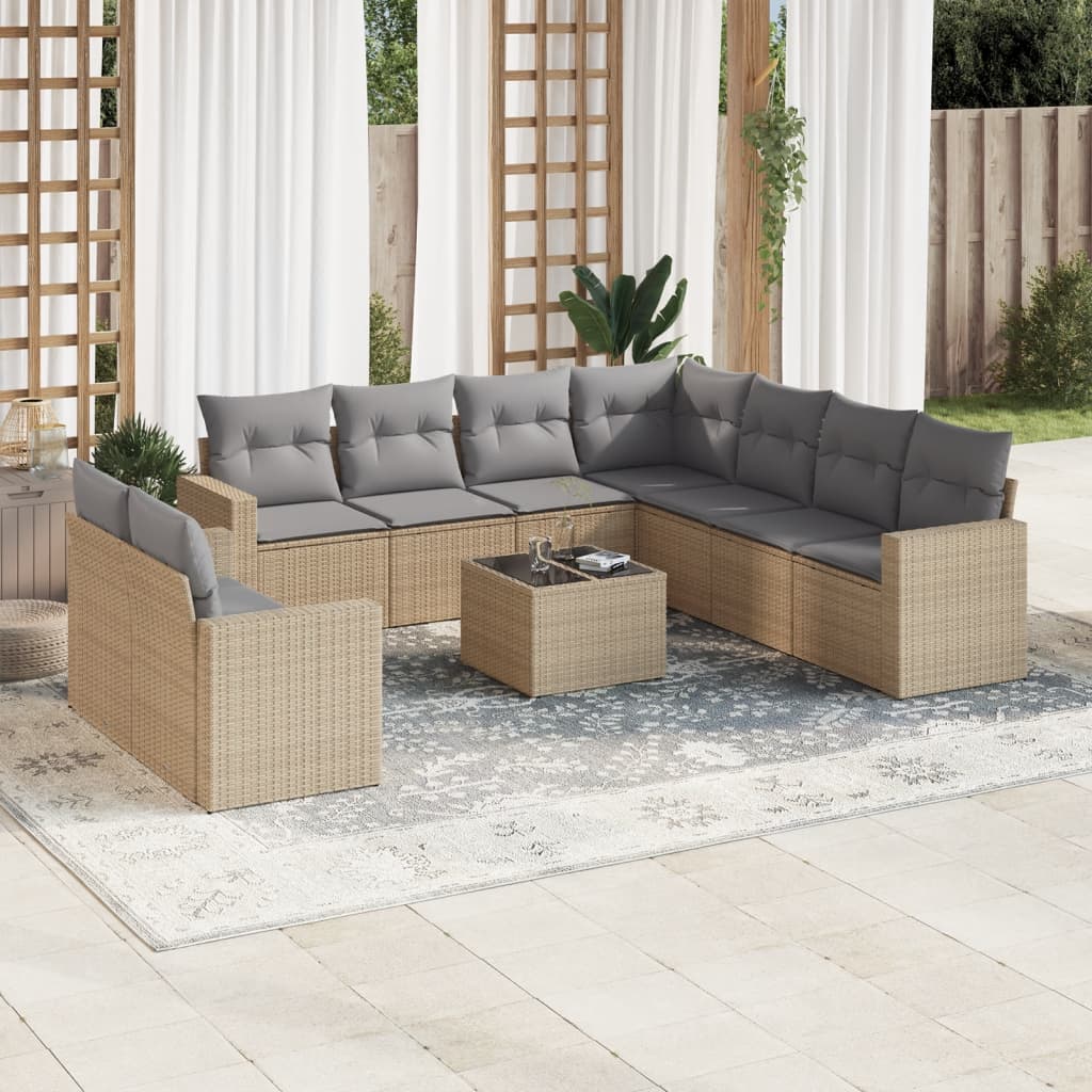 10-delige Loungeset met kussens poly rattan beige