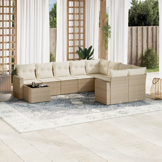 10-delige Loungeset met kussens poly rattan beige