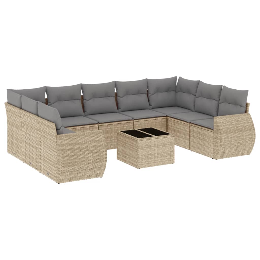 10-delige Loungeset met kussens poly rattan beige