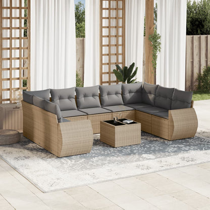 10-delige Loungeset met kussens poly rattan beige