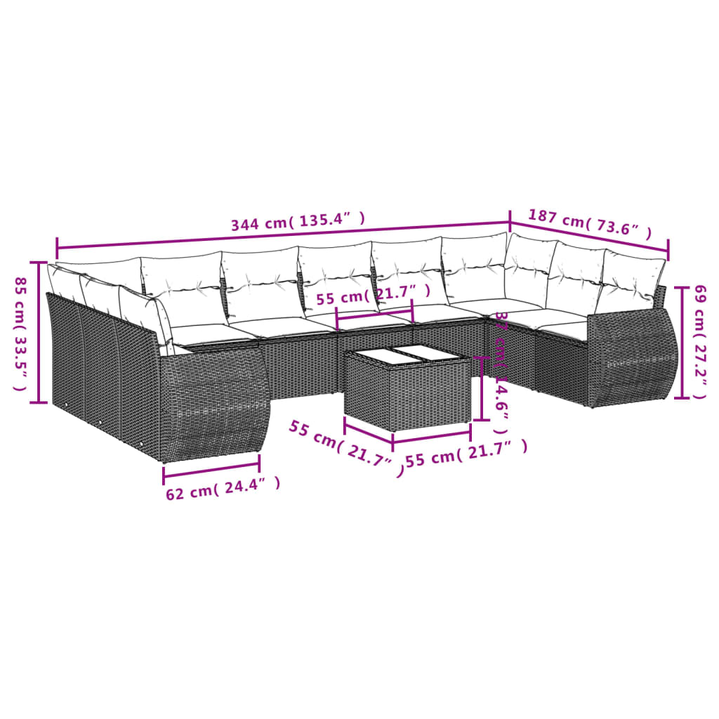 10-delige Loungeset met kussens poly rattan bruin