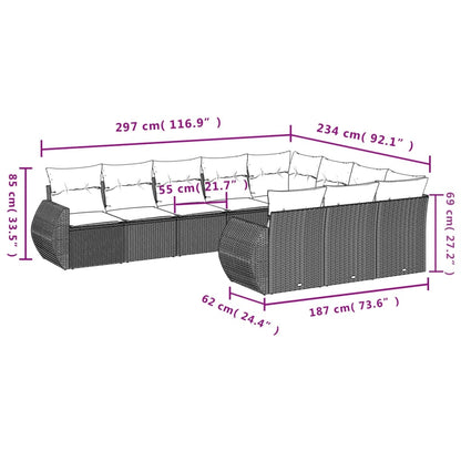 10-delige Loungeset met kussens poly rattan bruin