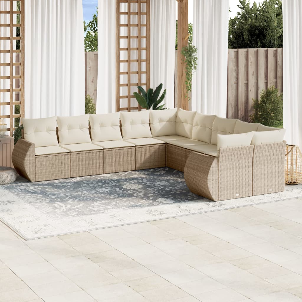 10-delige Loungeset met kussens poly rattan beige