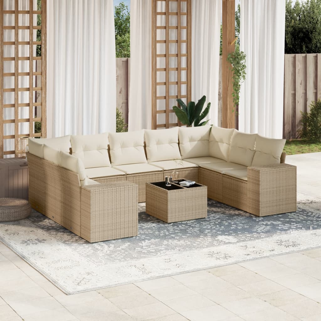 10-delige Loungeset met kussens poly rattan beige