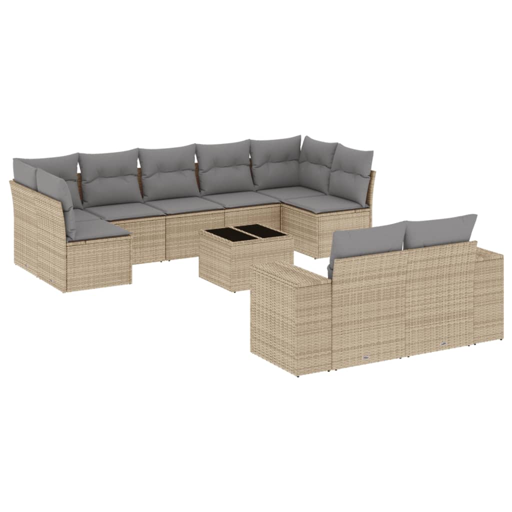 10-delige Loungeset met kussens poly rattan beige