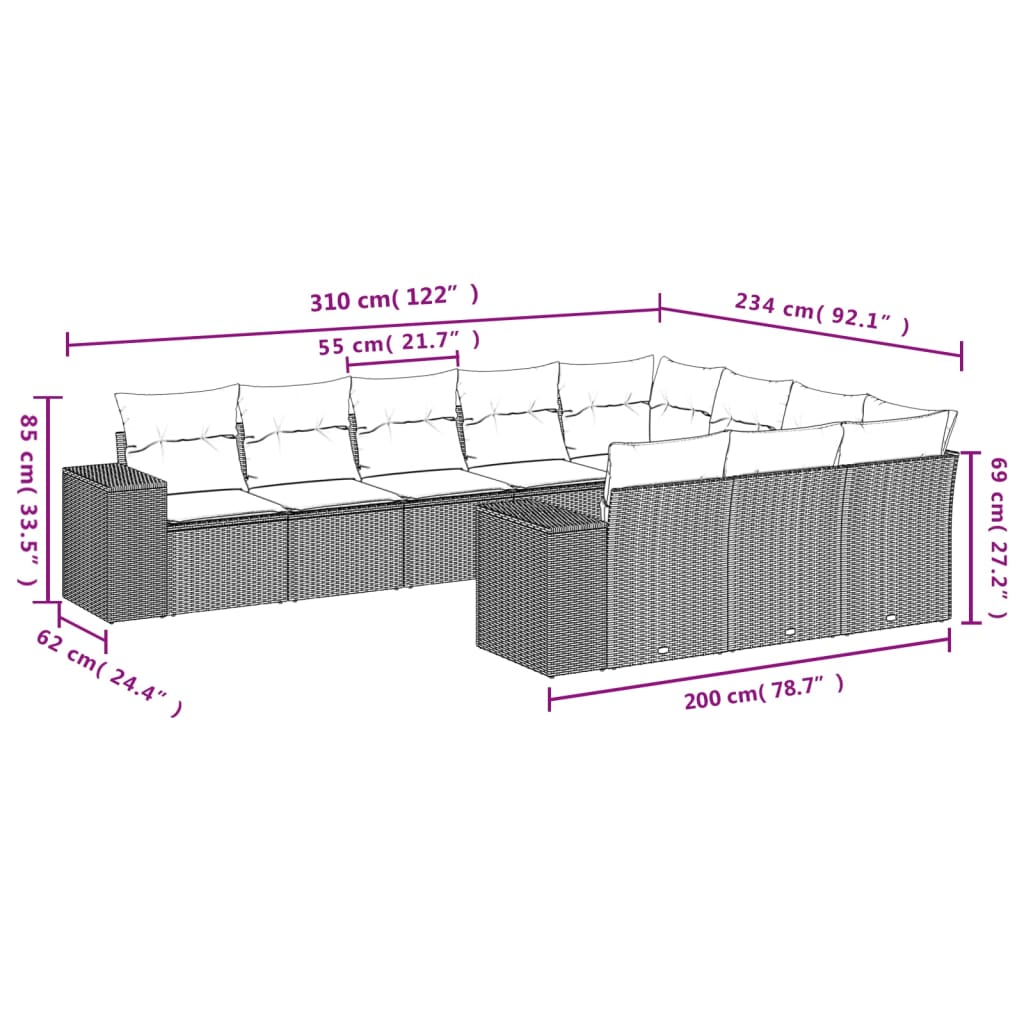 10-delige Loungeset met kussens poly rattan beige