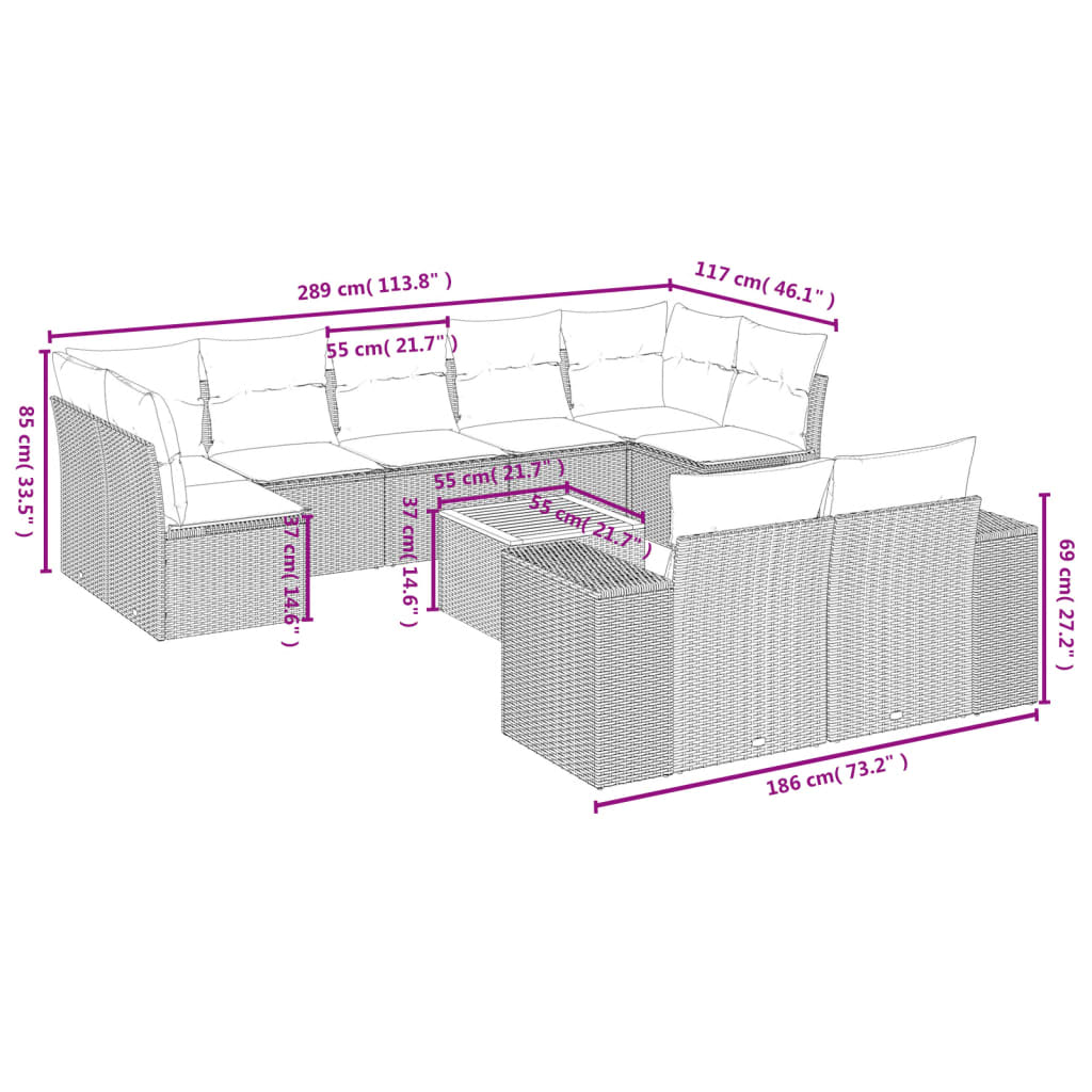 10-delige Loungeset met kussens poly rattan beige