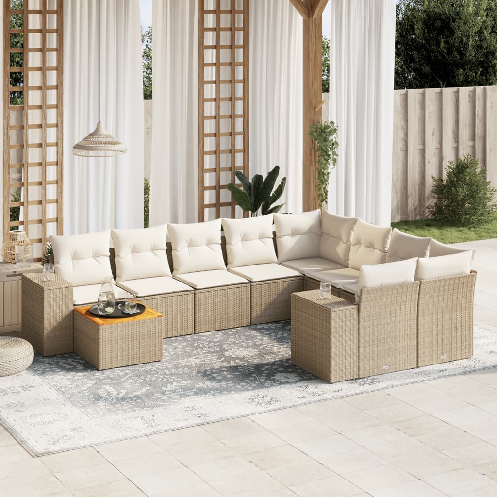 10-delige Loungeset met kussens poly rattan beige