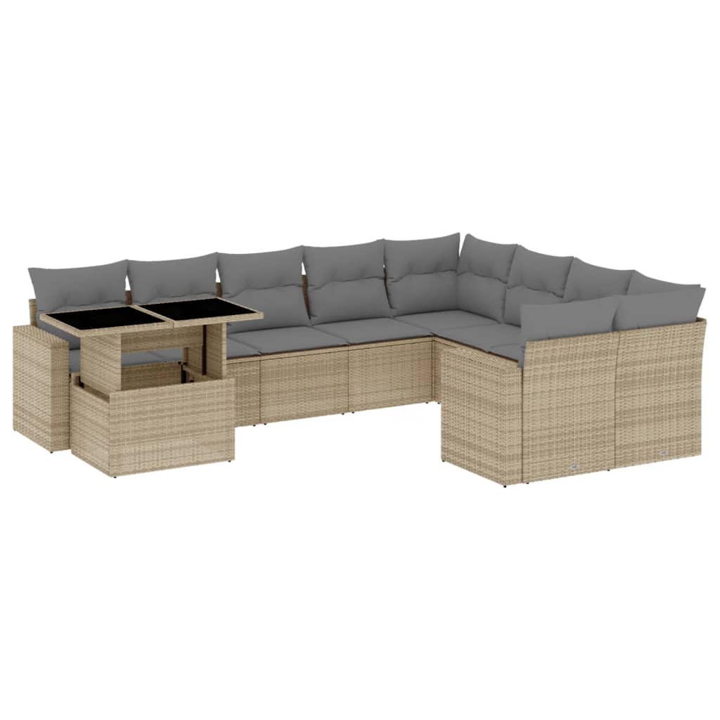 10-delige Loungeset met kussens poly rattan beige