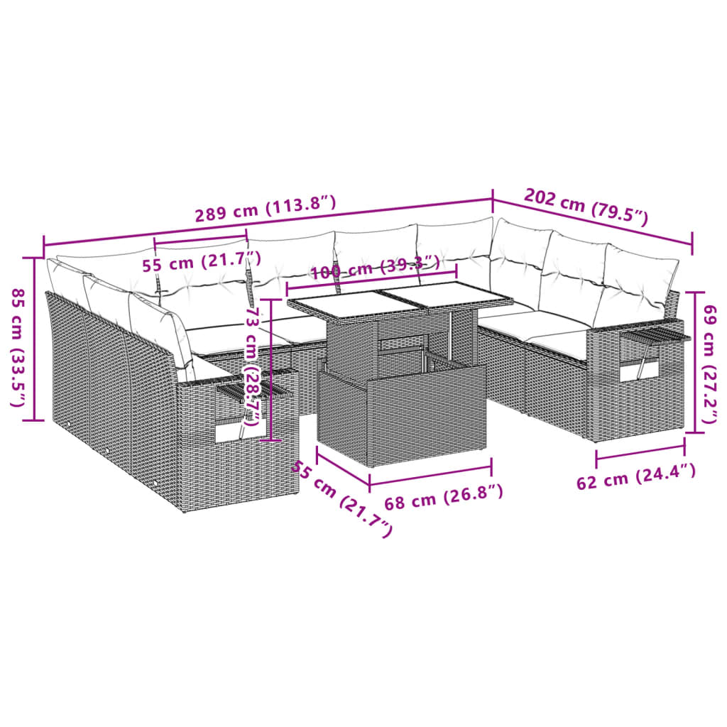 10-delige Loungeset met kussens poly rattan bruin