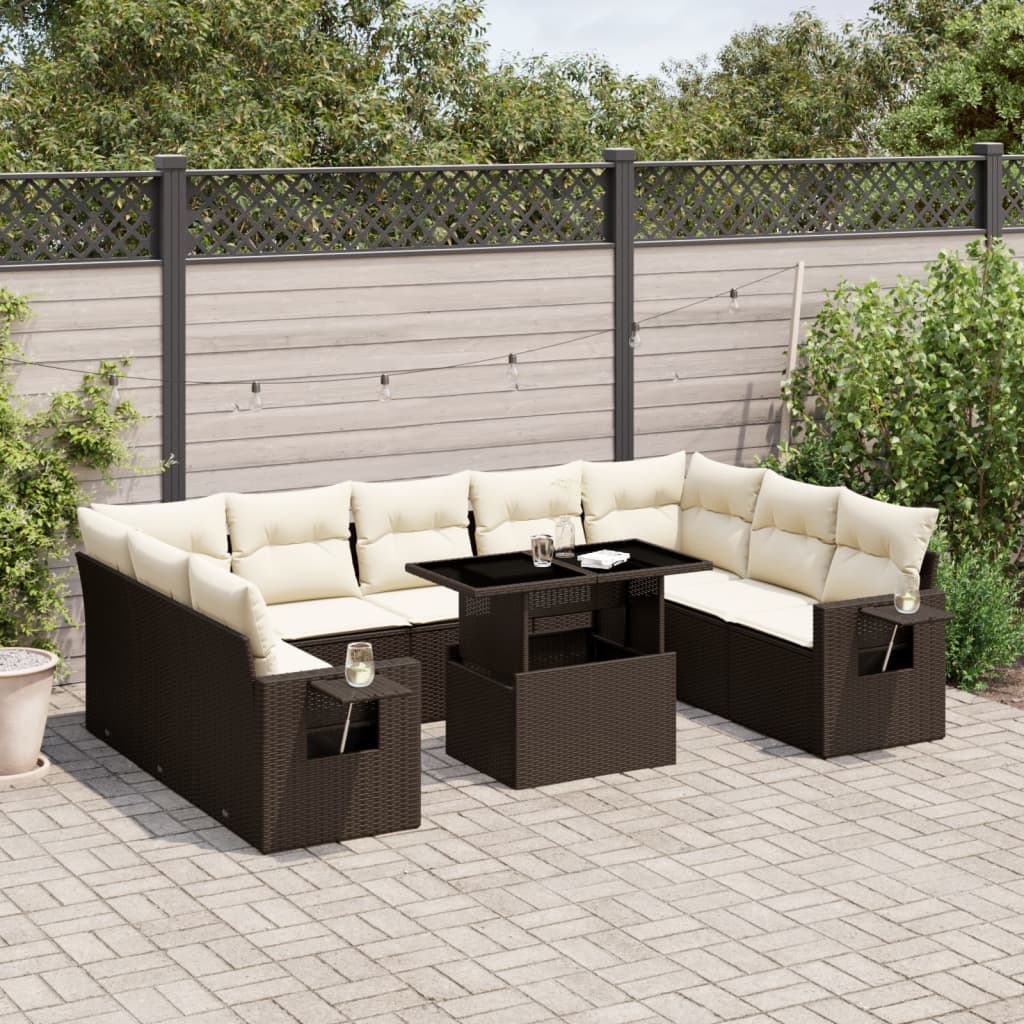 10-delige Loungeset met kussens poly rattan bruin